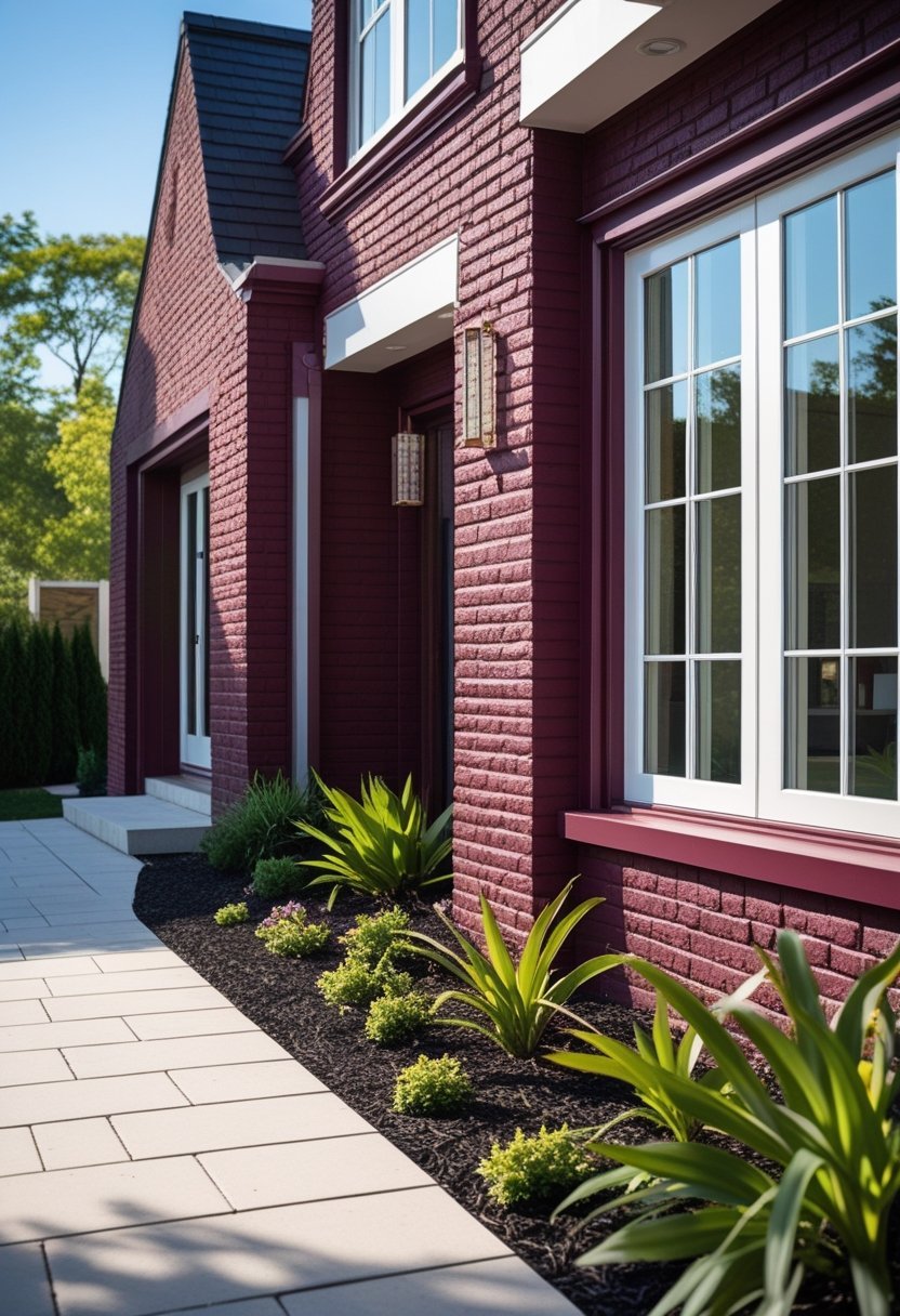 Front view of a house with deep burgundy painted brick exterior, surrounded by green plants and a clear sky.