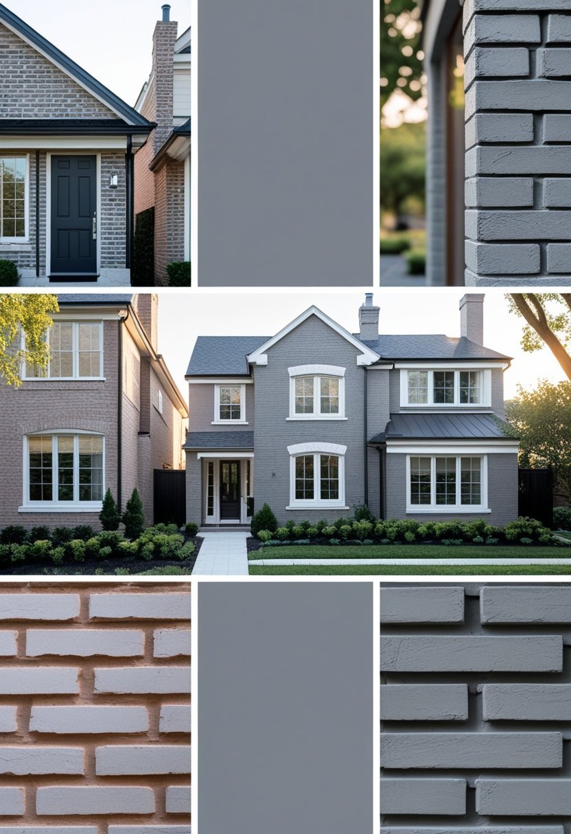 Various exterior brick walls painted in warm gray tones on different buildings with natural lighting.
