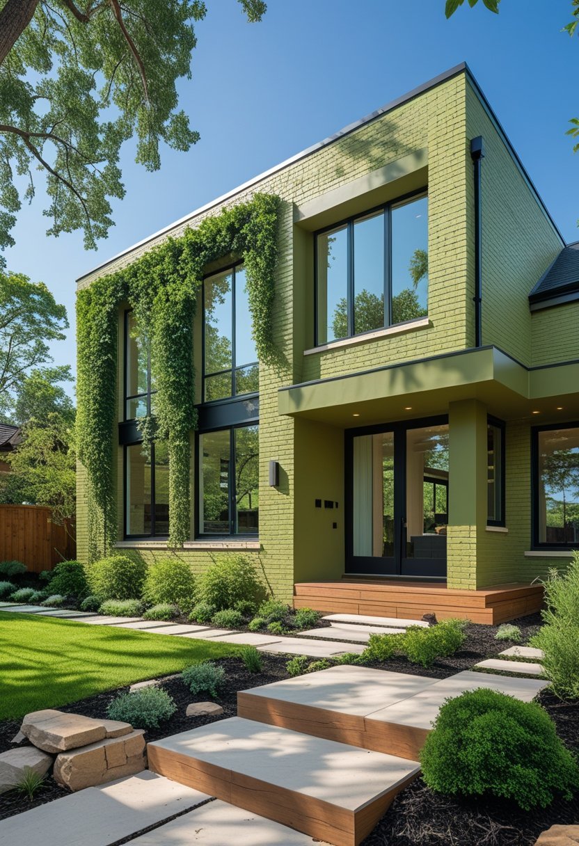 A modern house with olive green painted brick exterior surrounded by trees and plants on a sunny day.