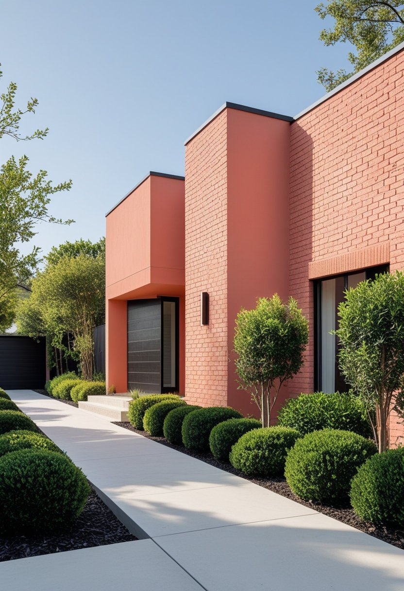A house exterior with muted coral painted brick walls, green shrubs, and a clean walkway under clear daylight.