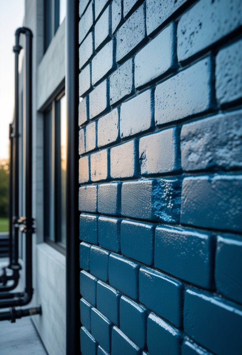 Exterior brick wall painted steel blue with industrial design elements and large windows.