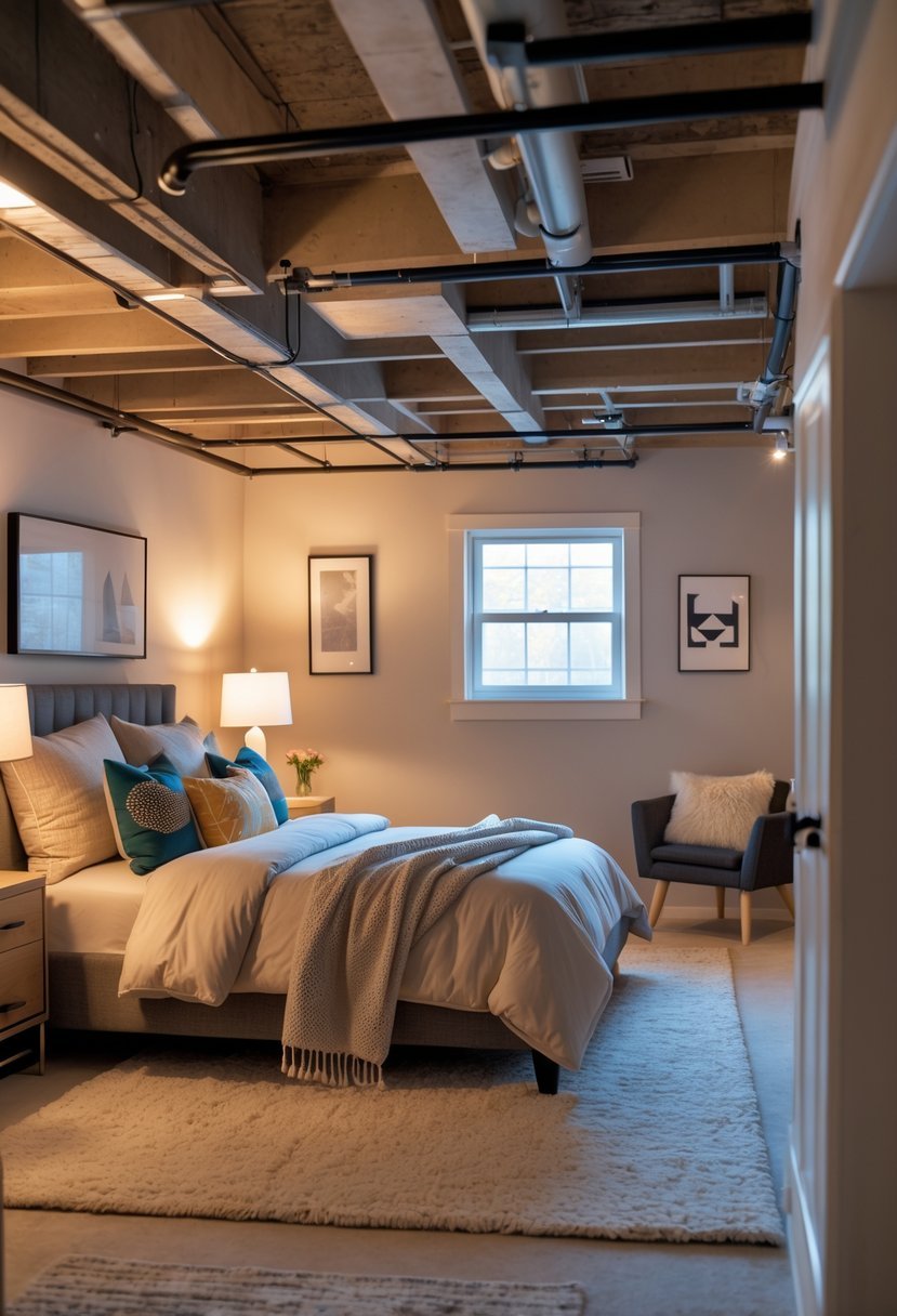 A cozy basement bedroom with a bed, bedside table, lamp, window, and decorative elements.