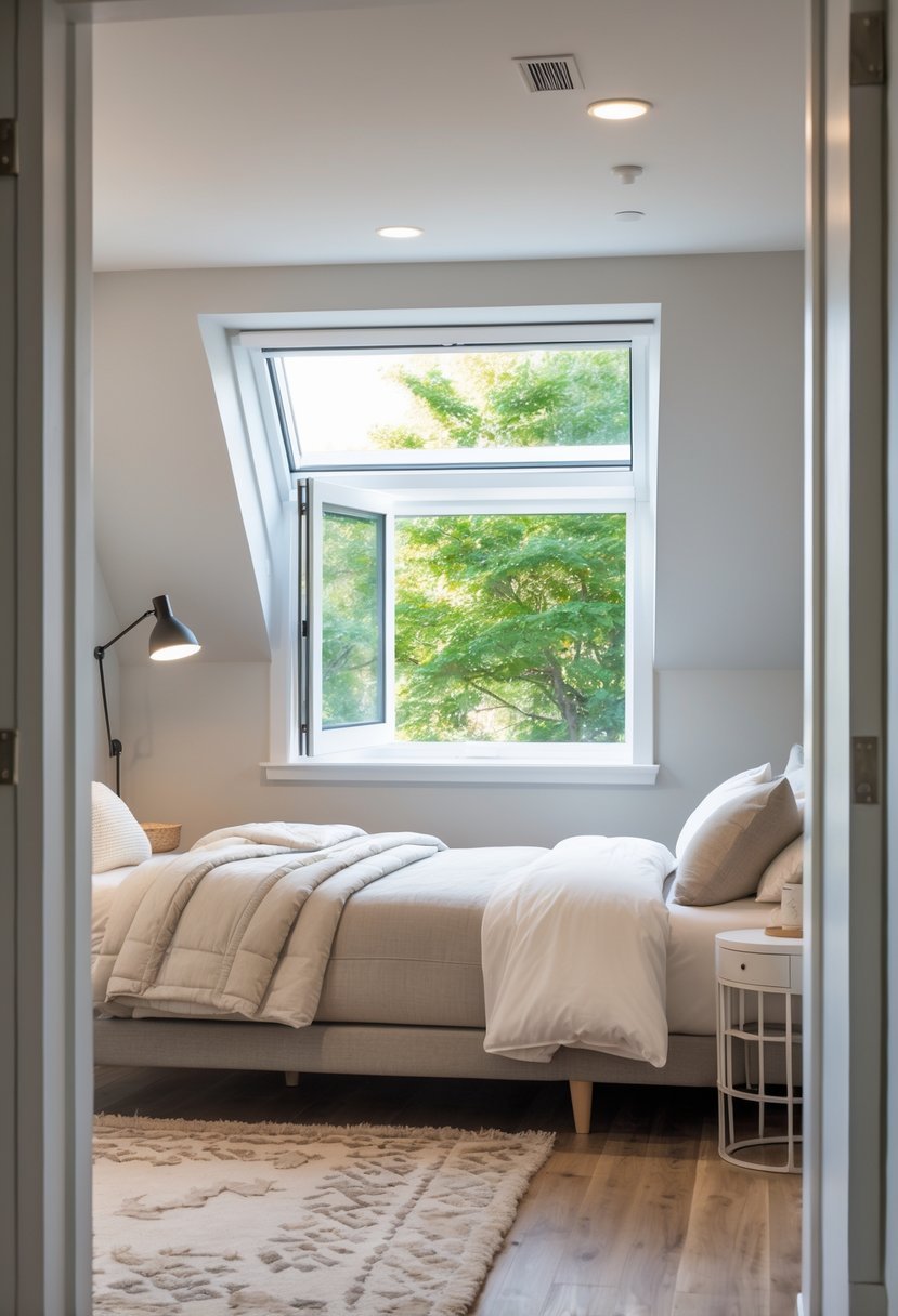 A basement bedroom with a large window letting in natural light, a bed, and cozy furnishings.