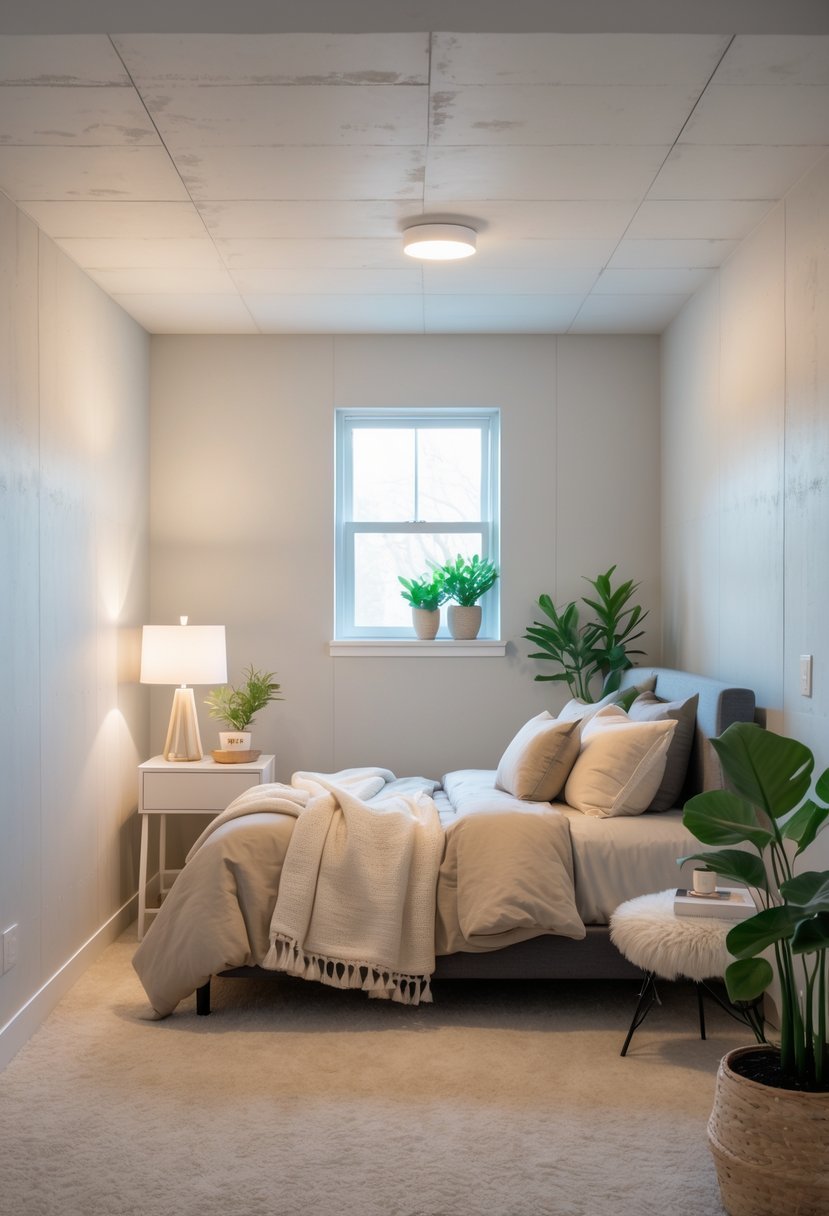 A cozy basement bedroom with moisture-resistant drywall, a bed, soft lighting, plants, and a small window letting in natural light.