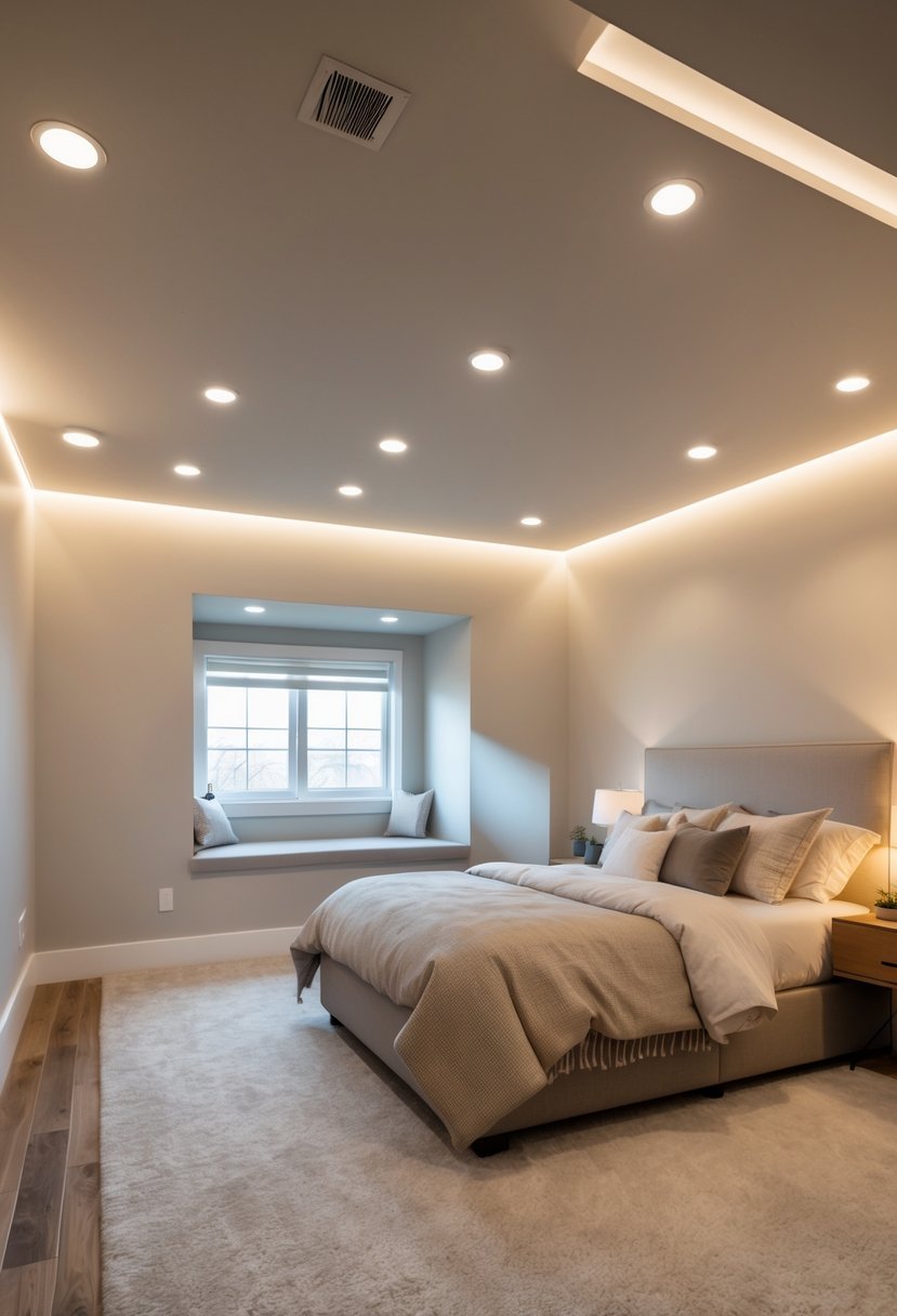 A basement bedroom with low ceilings illuminated by recessed lighting, featuring a bed, bedside table, and soft ambient light.