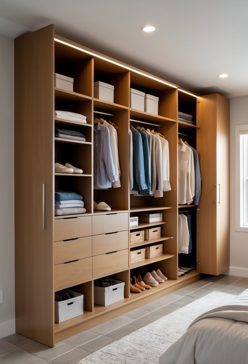 A basement bedroom with a large floor-to-ceiling closet system filled with clothes, shoes, and storage boxes next to a neatly made bed.