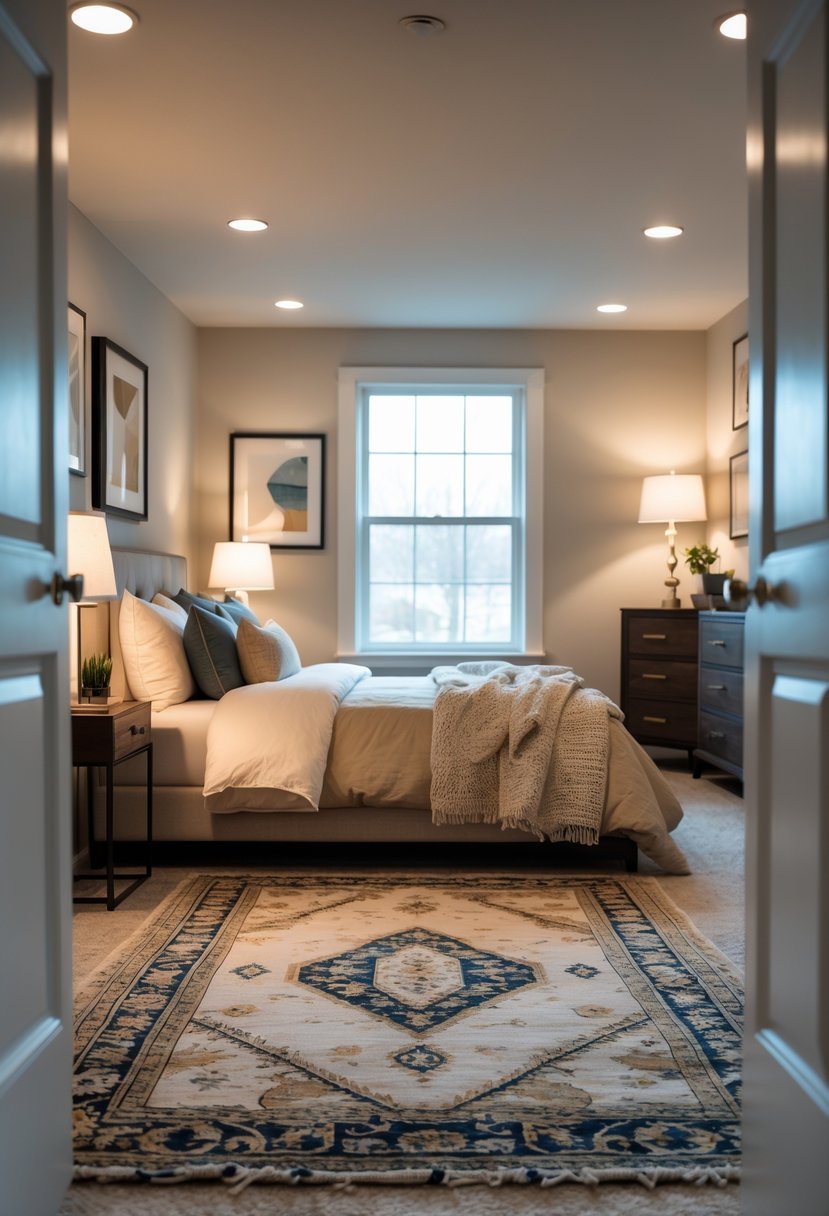 A basement bedroom with a bed, area rug, bedside table with lamp, and framed artwork on the walls.
