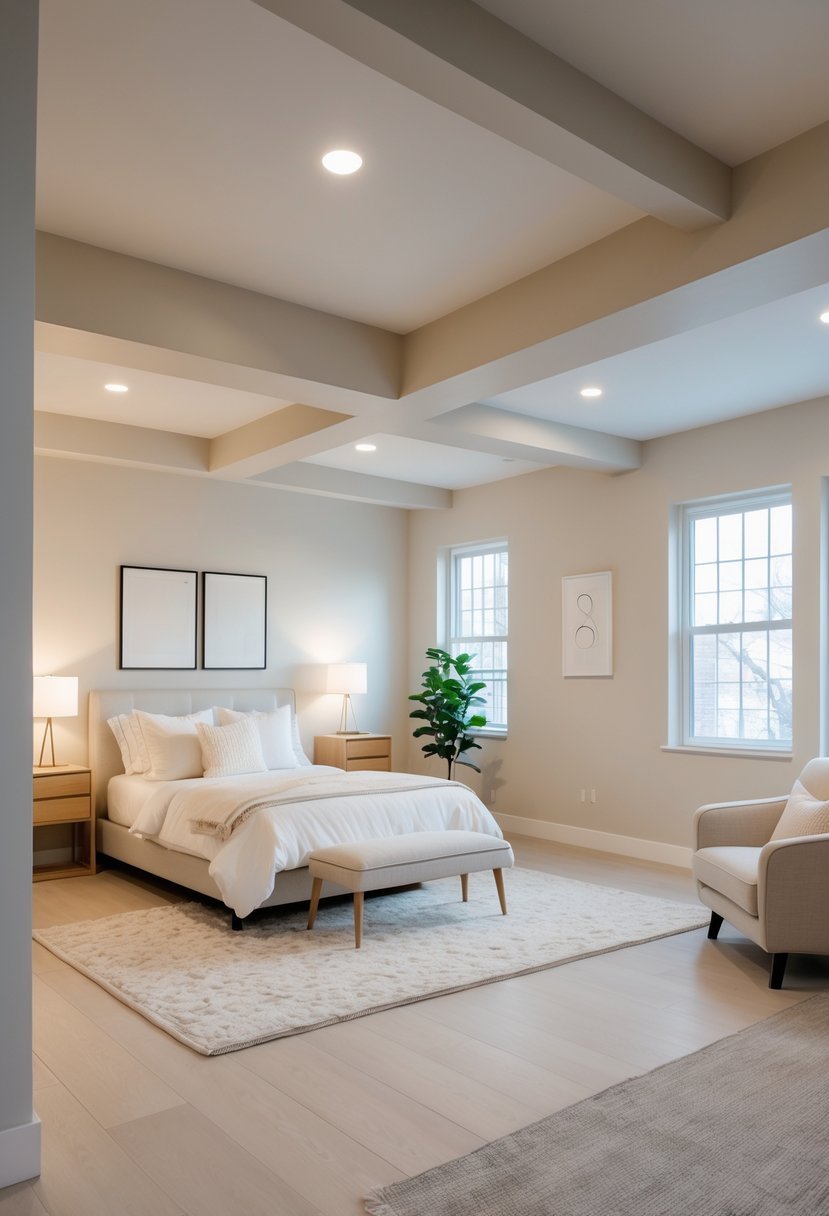 A bright basement bedroom with light-colored walls, a bed, a nightstand, a chair, and plants.