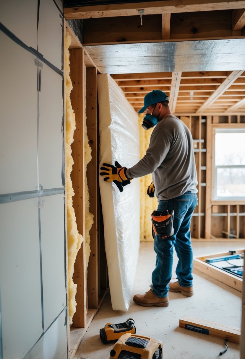 A basement bedroom under construction with insulation being installed on the walls.