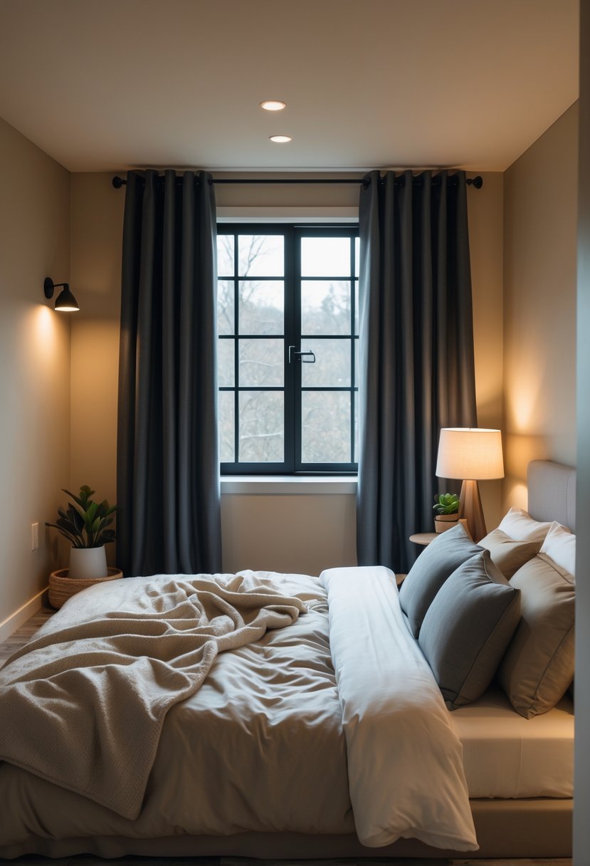 A cozy basement bedroom with blackout curtains covering a window, a bed, and soft lighting.