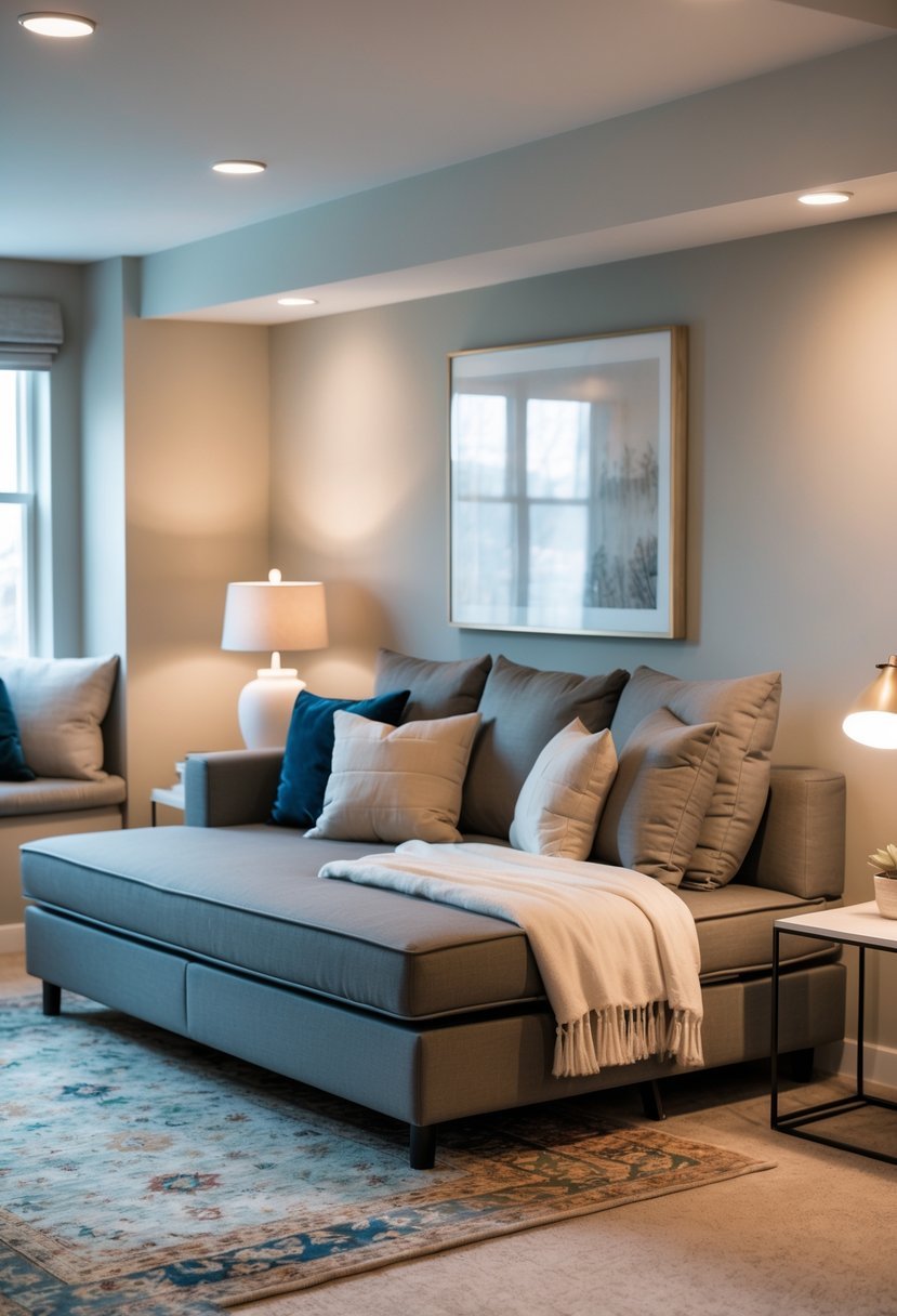A basement bedroom with a sofa bed, bedside table with lamp, rug, and wall art, arranged in a cozy and functional layout.