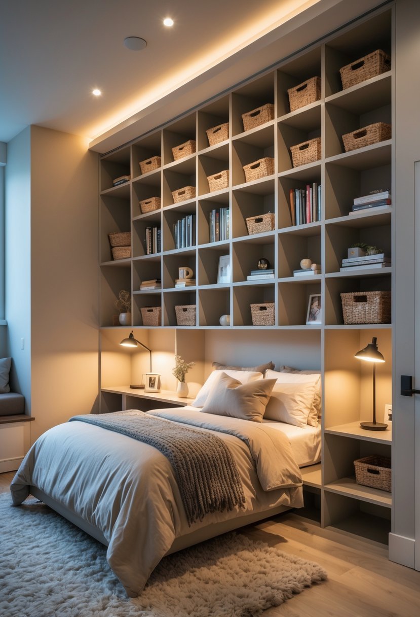 A basement bedroom with built-in shelves filled with books and decor next to a bed.