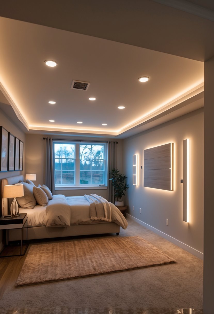 A cozy basement bedroom with a bed, soft adjustable lighting, and modern decor.