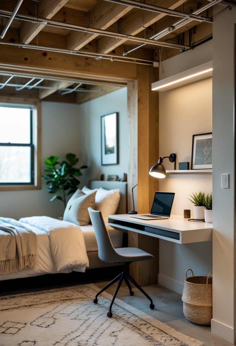 Basement bedroom with a wall-mounted desk workspace, bed, and cozy decor.