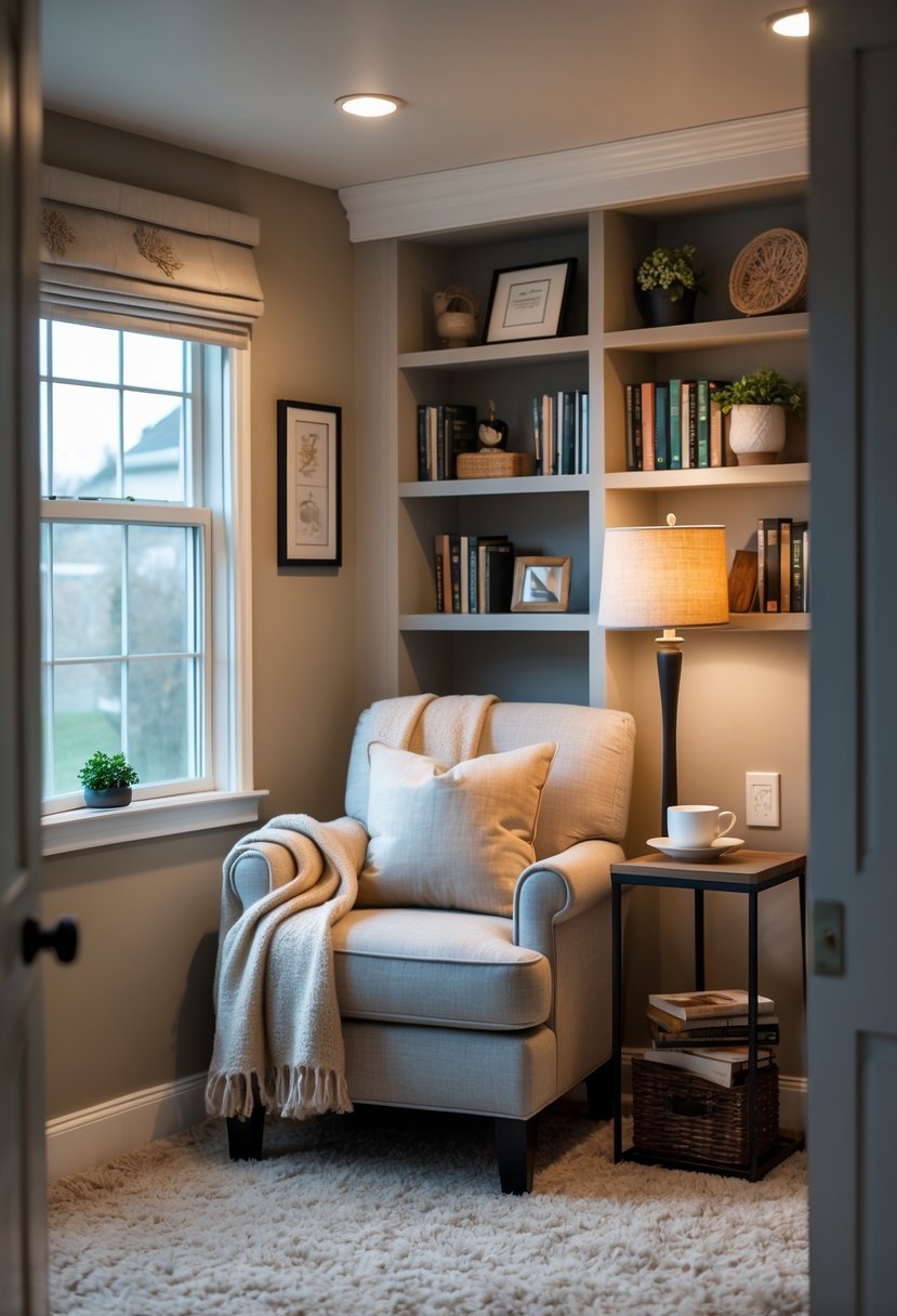 A basement bedroom corner with a small armchair, bookshelves, a side table with a lamp, and soft natural light creating a cozy reading nook.