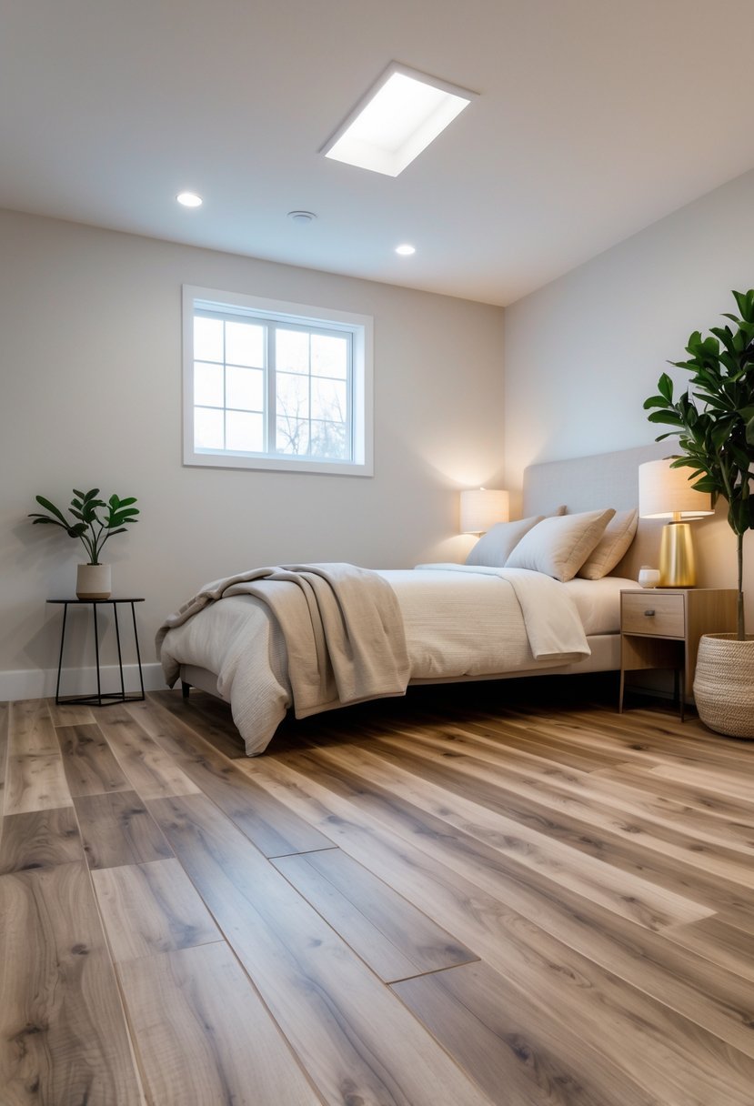 A basement bedroom with wood-look vinyl plank flooring, a bed, nightstand, lamp, and a small plant near a window.