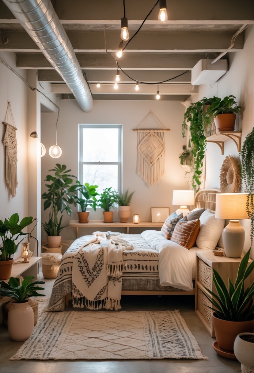 A basement bedroom with a bed, plants, textiles, and warm lighting creating a cozy and inviting space.