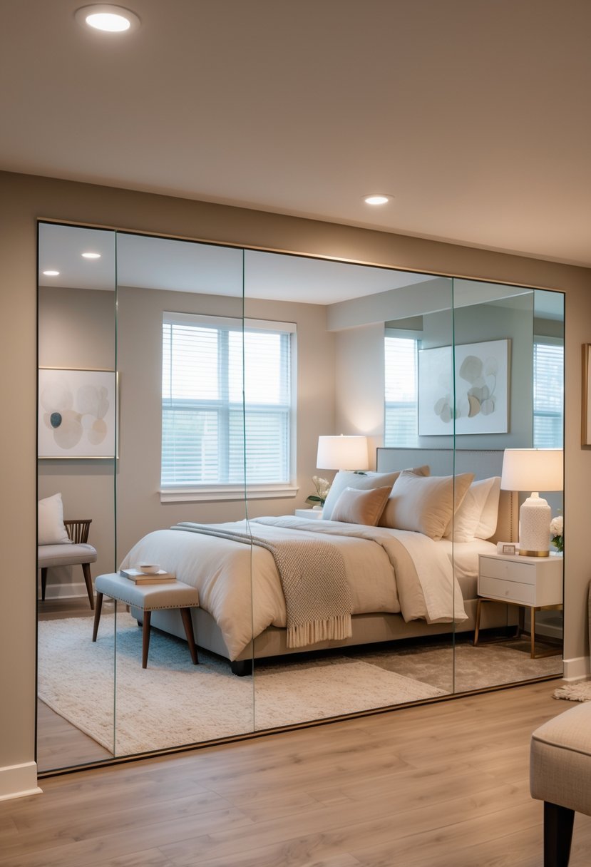 A basement bedroom with a bed, mirrors on the walls reflecting light, a bedside table with a lamp, and a comfortable chair.