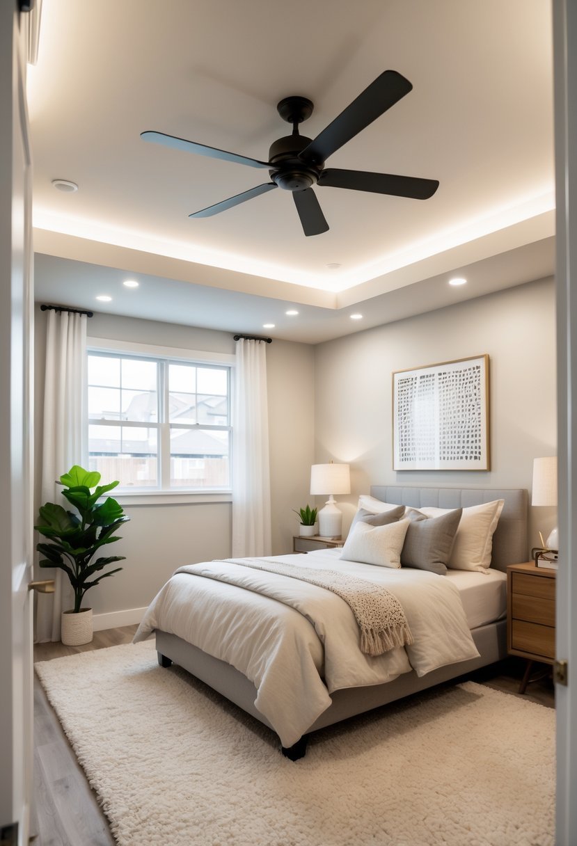 A basement bedroom with a ceiling fan installed on the ceiling, featuring a bed, bedside table, lamp, and simple decor.