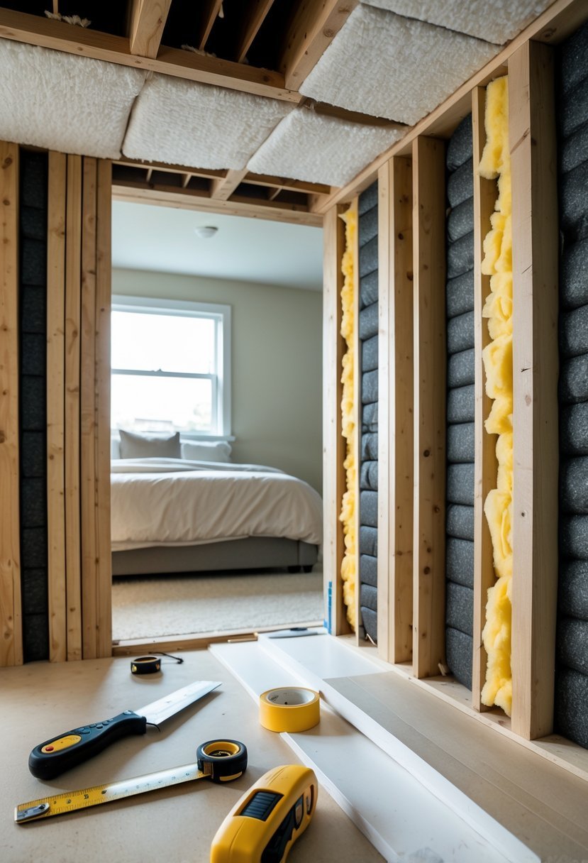 A basement bedroom under renovation with exposed wall studs and soundproofing insulation being installed between the walls.