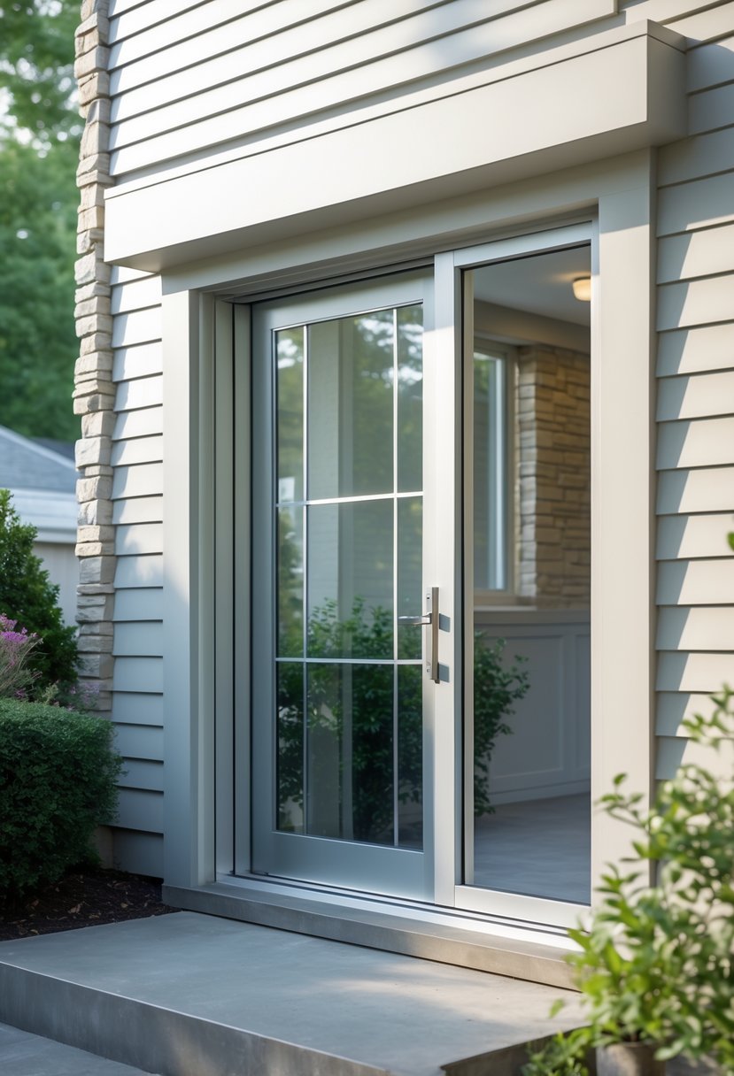 Exterior view of a walkout basement door with full glass panels set in a residential home's wall, surrounded by stairs and landscaping.