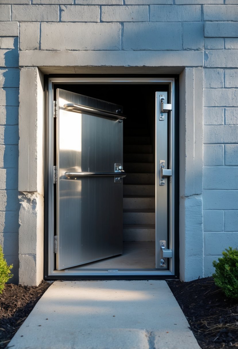 Steel bulkhead door with weatherproof seal as an exterior basement entrance surrounded by concrete and small plants.