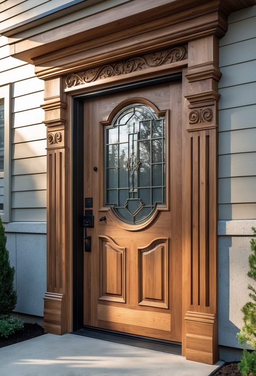 Exterior view of a wooden basement door with decorative trim set in a residential basement entrance.