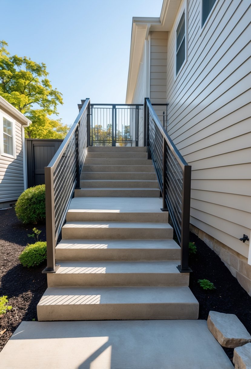 Exterior basement entry with a concrete staircase and metal railing leading to a door below ground level, surrounded by shrubs and stones.