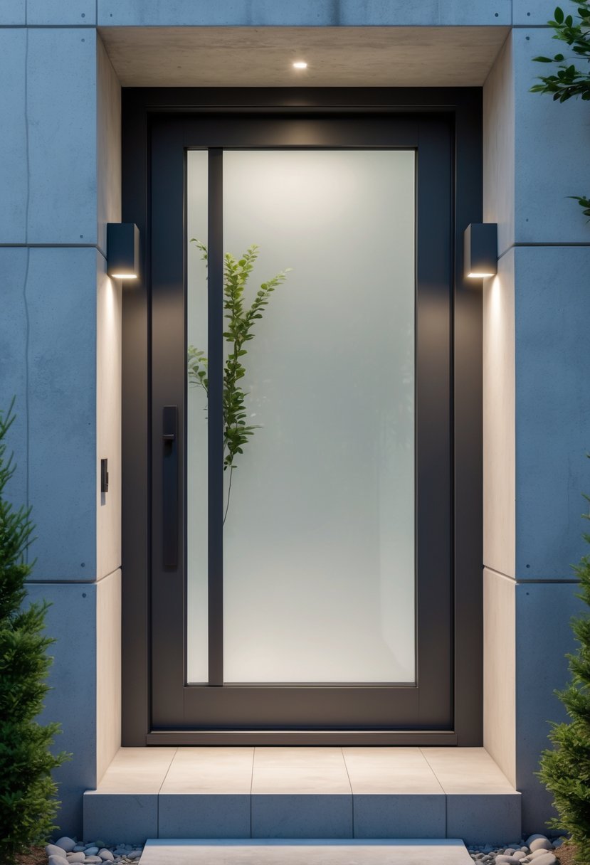 Exterior basement entrance with a frosted glass door and concrete steps surrounded by small shrubs.