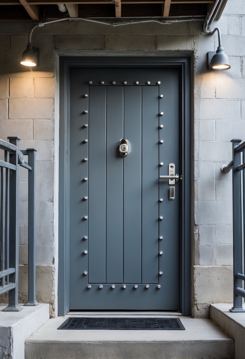 A painted metal security door with multiple locking bolts at a basement entrance set in a concrete wall with steps leading down.