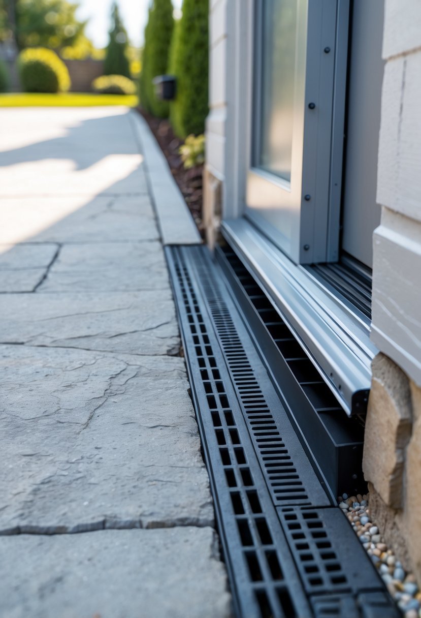 Exterior view of a flush mount basement door with integrated drainage set into the ground, surrounded by stone paving and greenery.