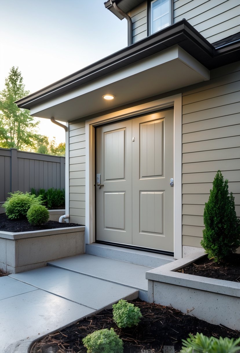 Exterior view of a vinyl-coated basement door with concrete steps and surrounding landscaping at a house entrance.