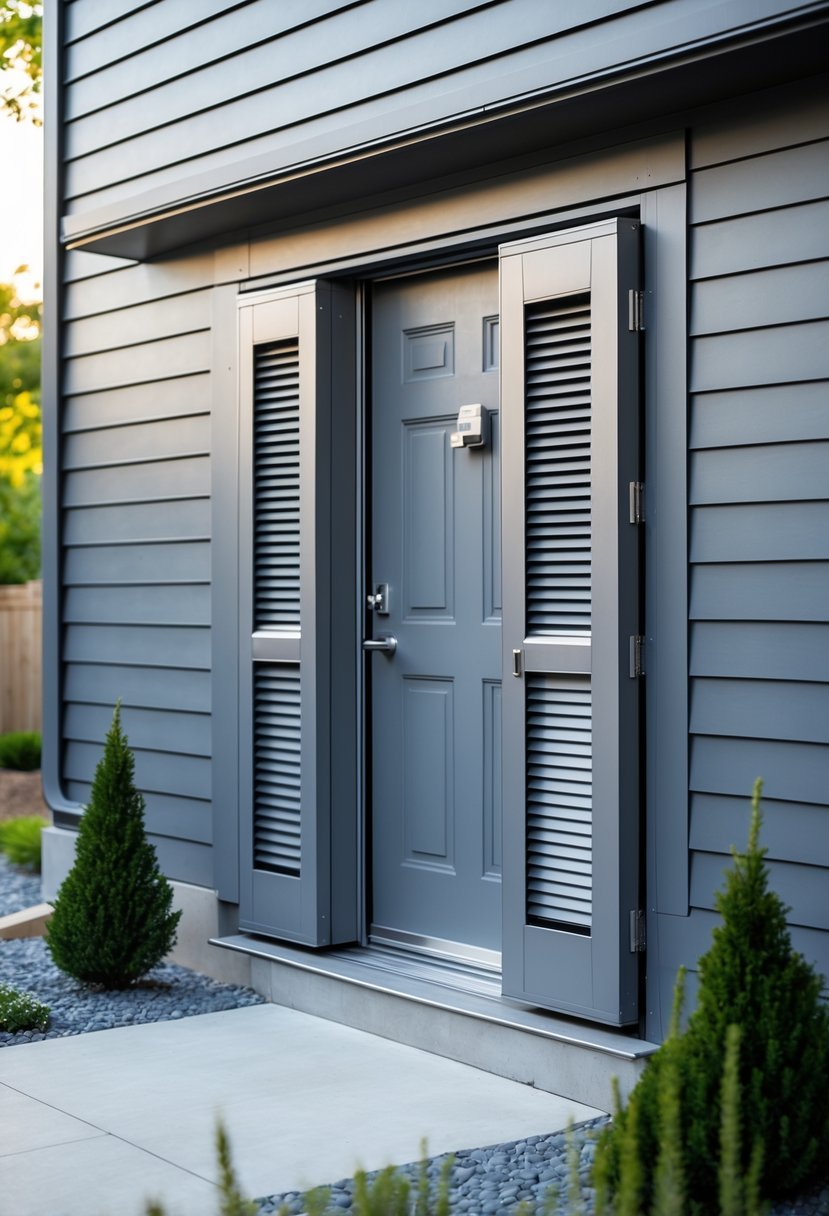 Exterior view of a basement door with built-in storm shutters set into a concrete foundation surrounded by gravel and plants.
