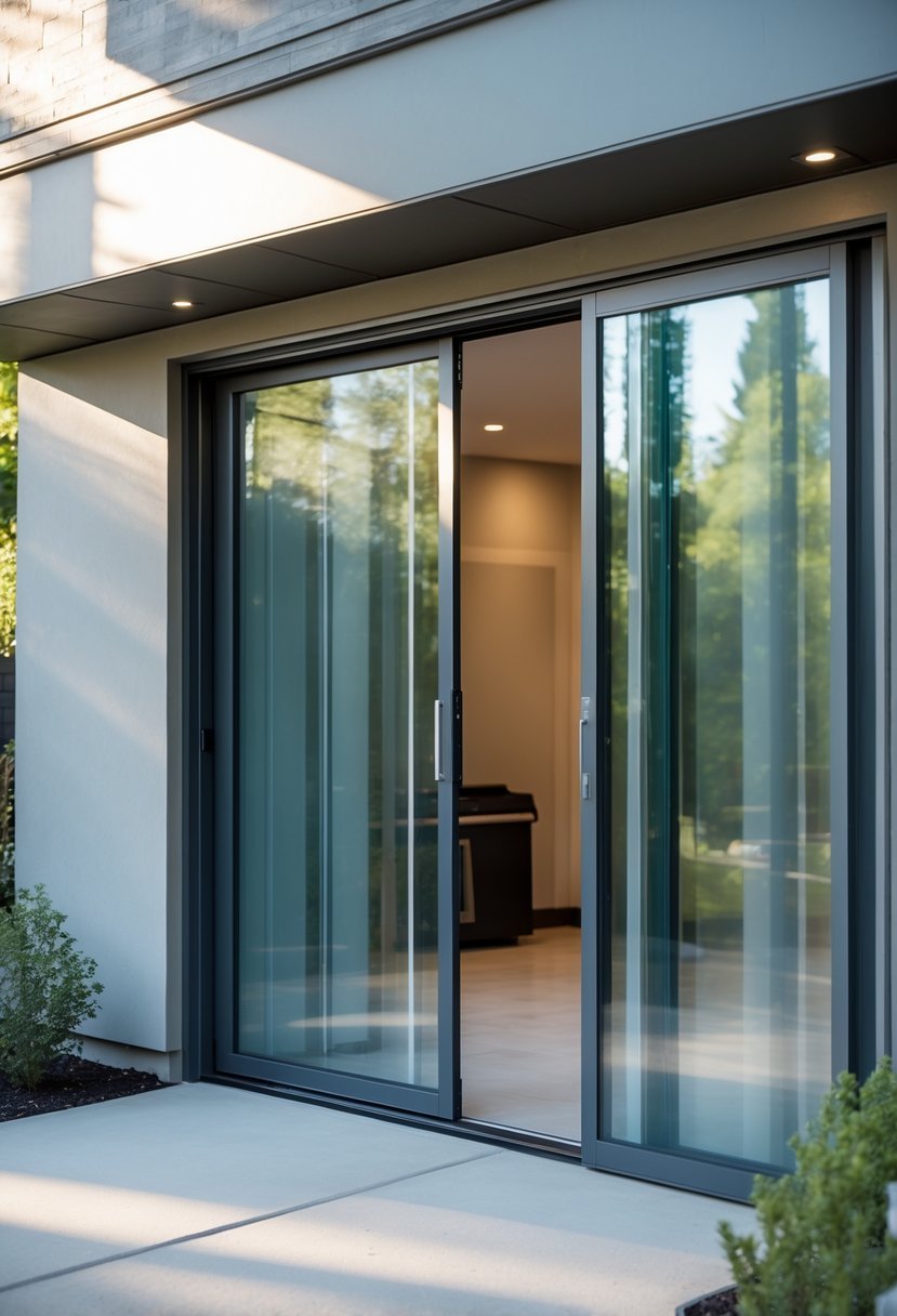 Sliding glass patio door leading to a basement entrance with a concrete patio and surrounding plants.