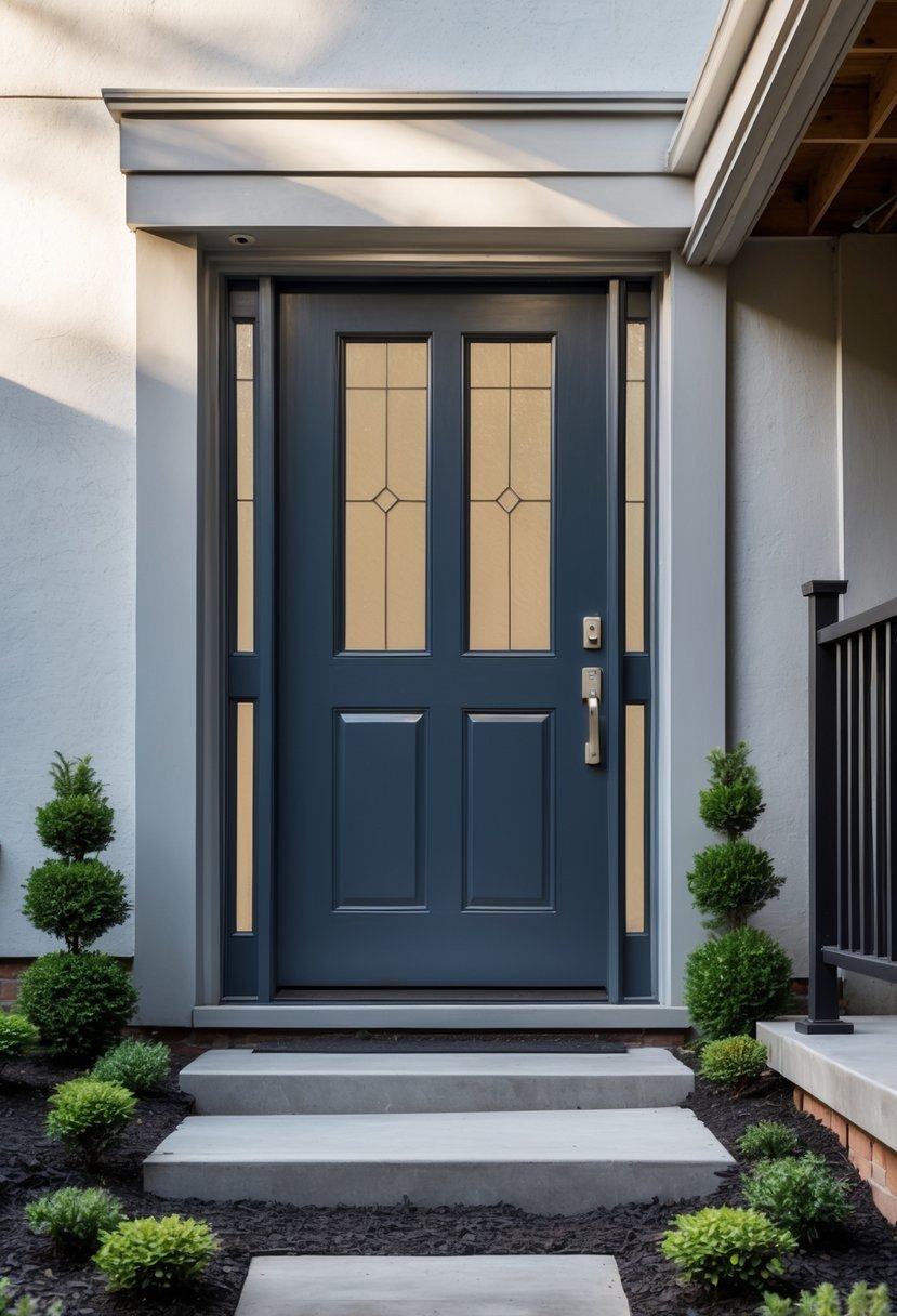 Exterior view of a basement entrance door with steps and surrounding plants.