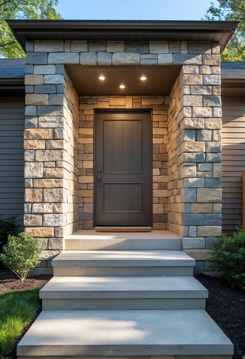 Exterior basement entrance with stone veneer surround and concrete steps leading down to a door, surrounded by greenery.