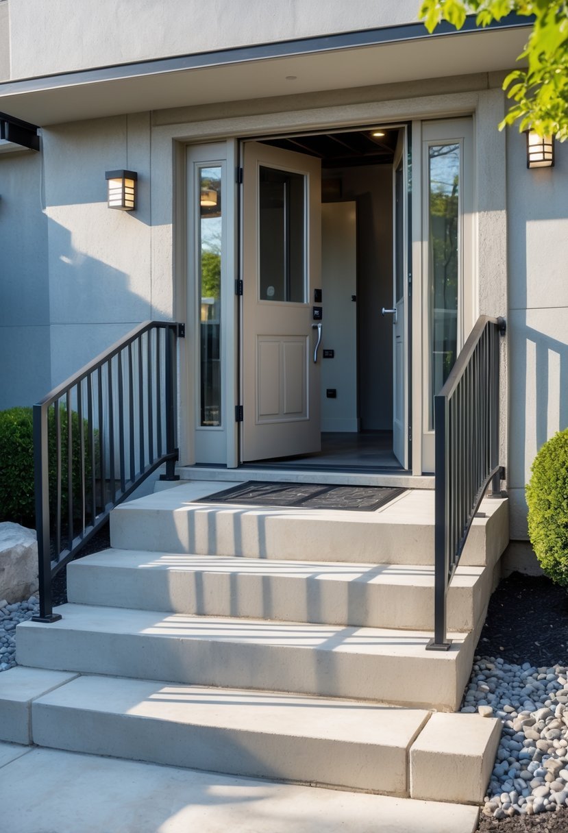 Exterior view of a double door basement entrance with stairs and metal railings surrounded by small shrubs.