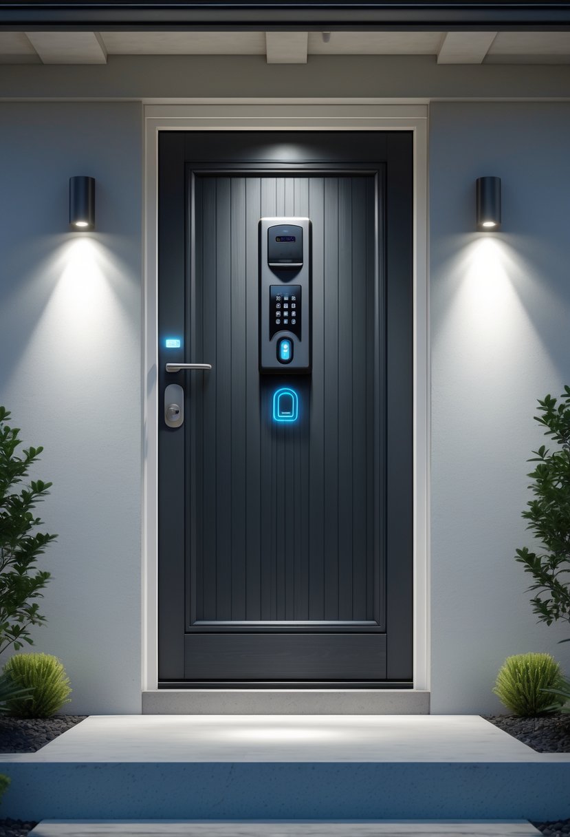 Exterior basement entrance with a modern door featuring a smart lock and keypad.
