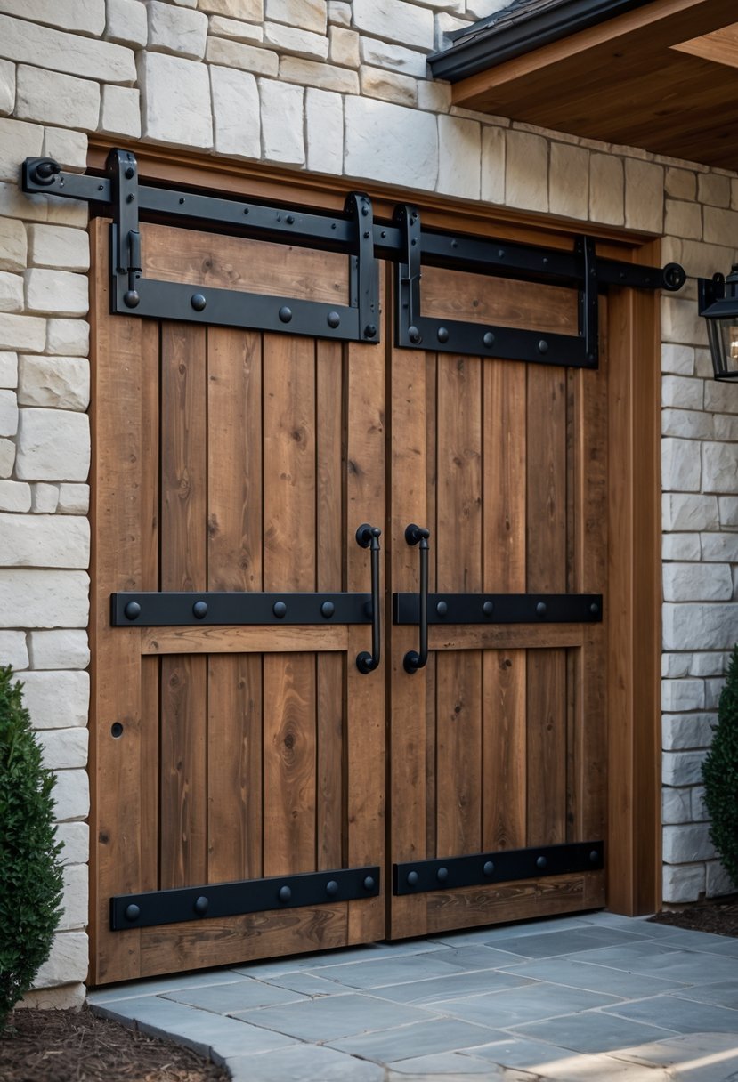 Exterior basement entrance with a wooden door and vintage metal barn door hardware set in a stone wall.