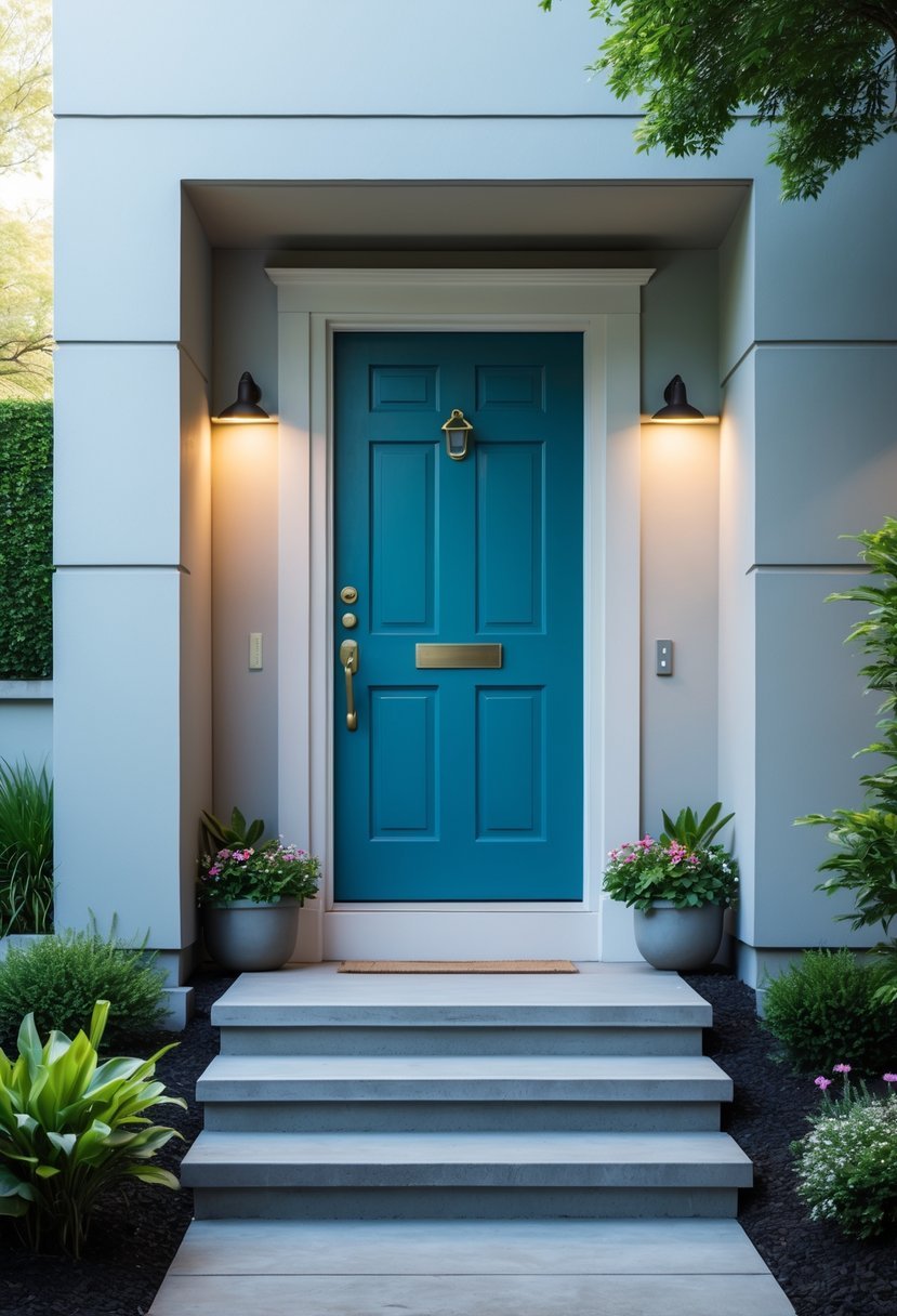 A brightly painted basement door at an exterior entrance with concrete steps and green plants around it.