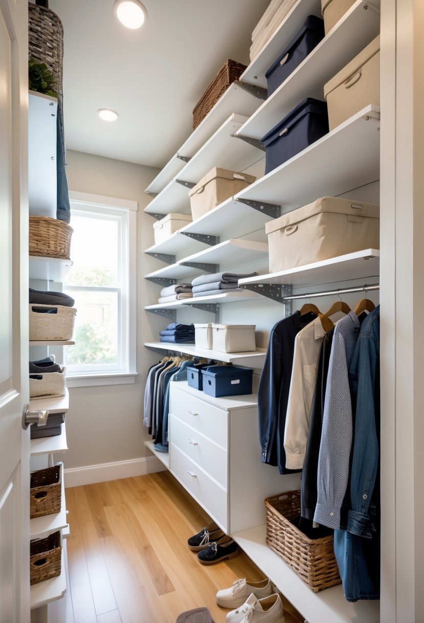 A hallway closet with adjustable shelves neatly organized with clothes, storage bins, and shoes.