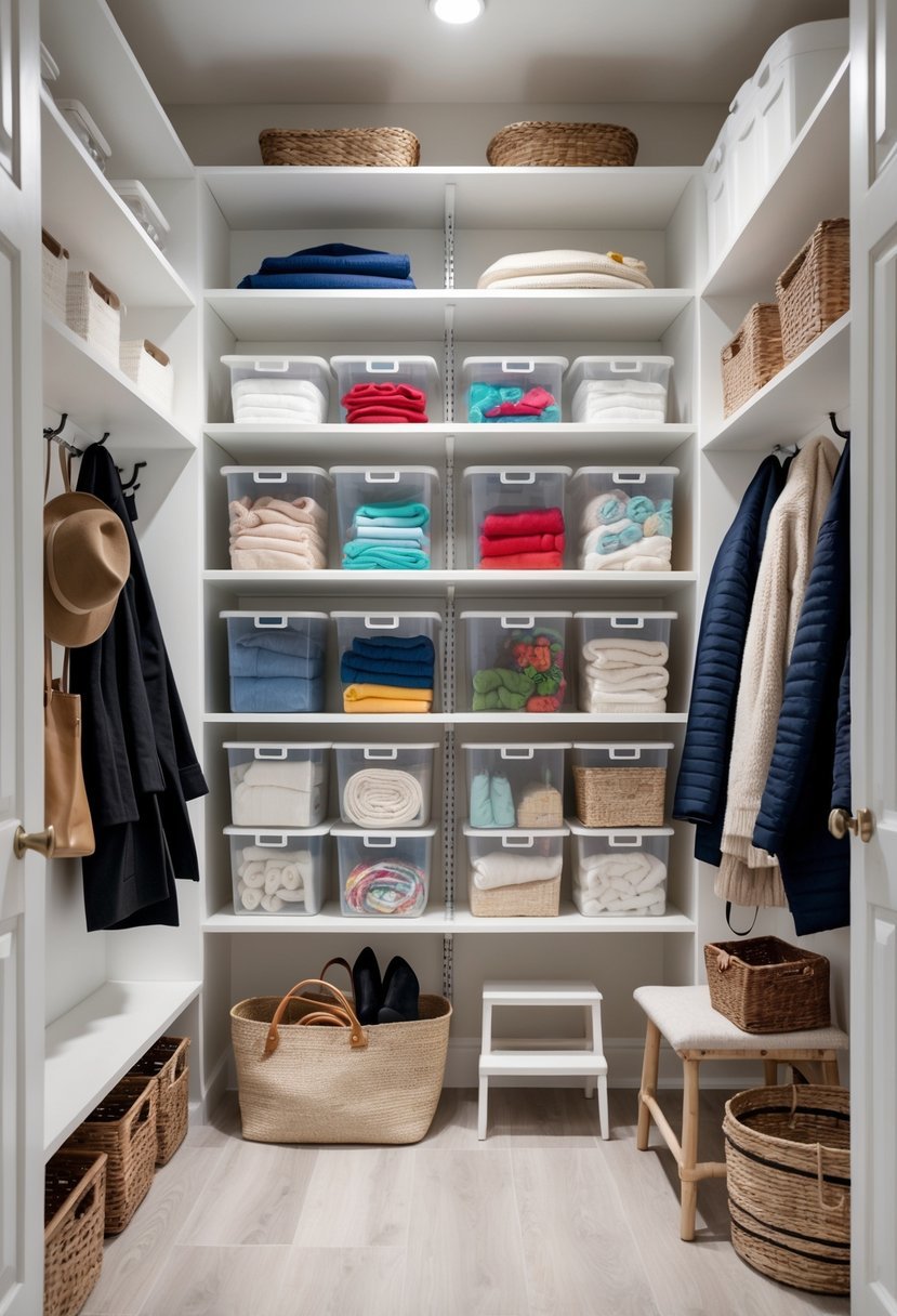 A neatly organized hall closet with clear plastic bins storing various seasonal items like winter accessories and summer towels on white shelves.