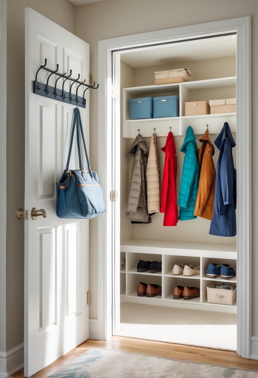 An open hallway closet with coats and bags hanging on over-the-door hooks and organized shelves inside.