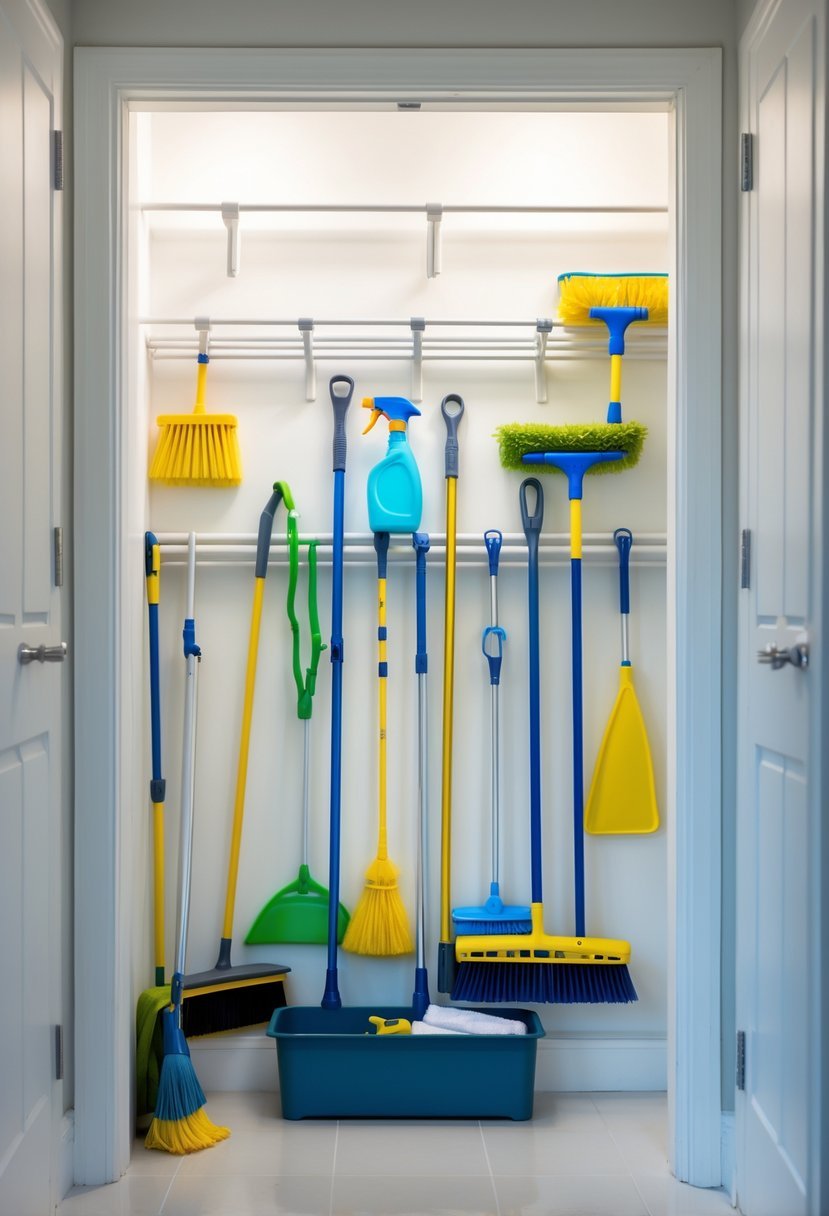 A hallway closet with tension rods holding brooms, mops, and cleaning supplies neatly organized.