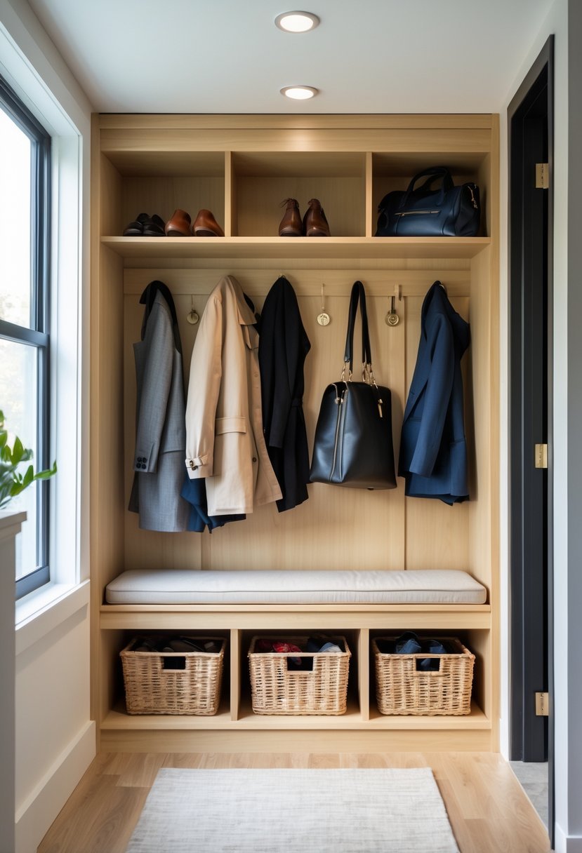 A hallway closet with a built-in bench and storage underneath, showing organized shelves with coats, bags, and shoes.