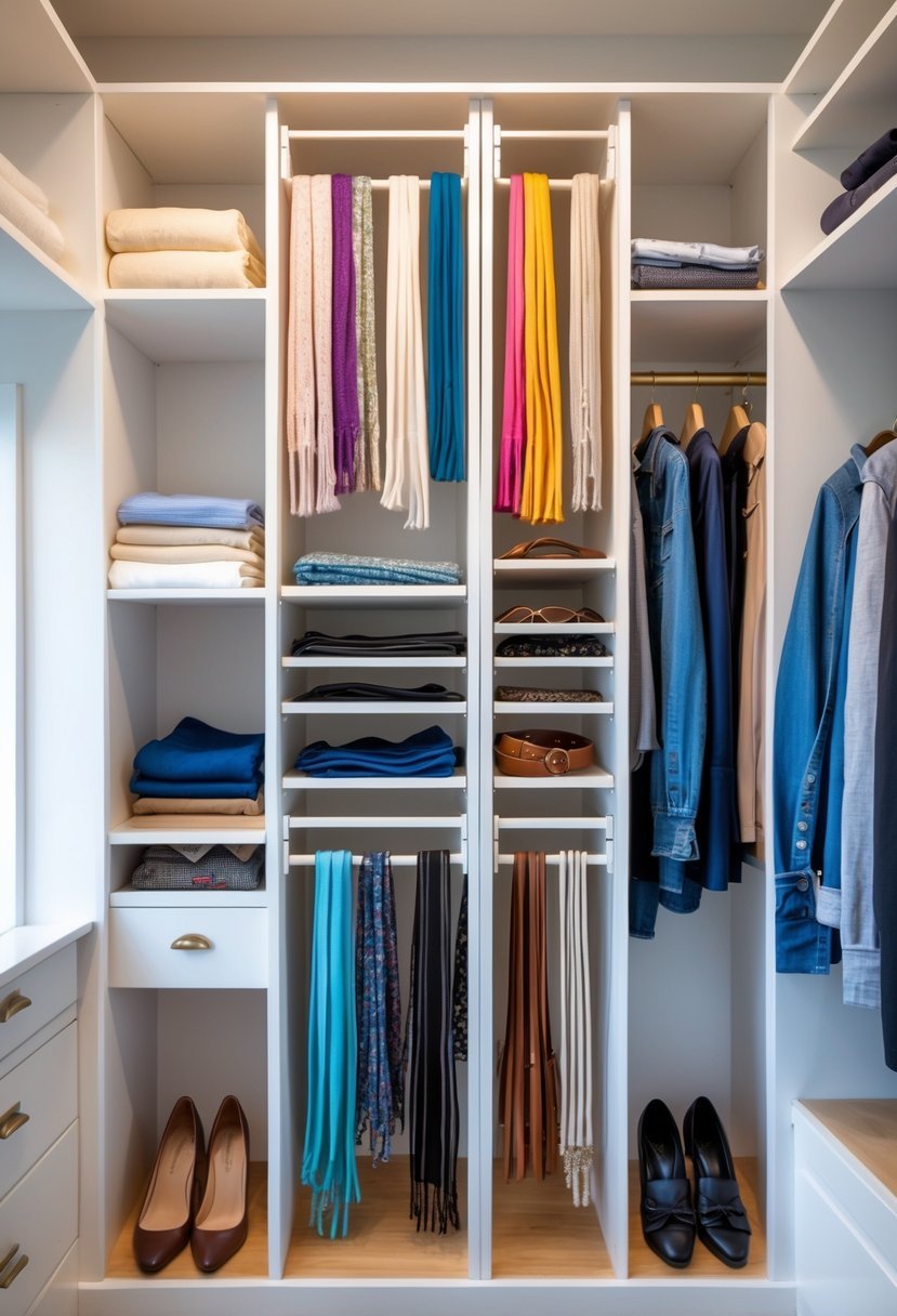 A walk-in closet with vertical organizers holding scarves and belts, surrounded by neatly arranged clothes and shoes.