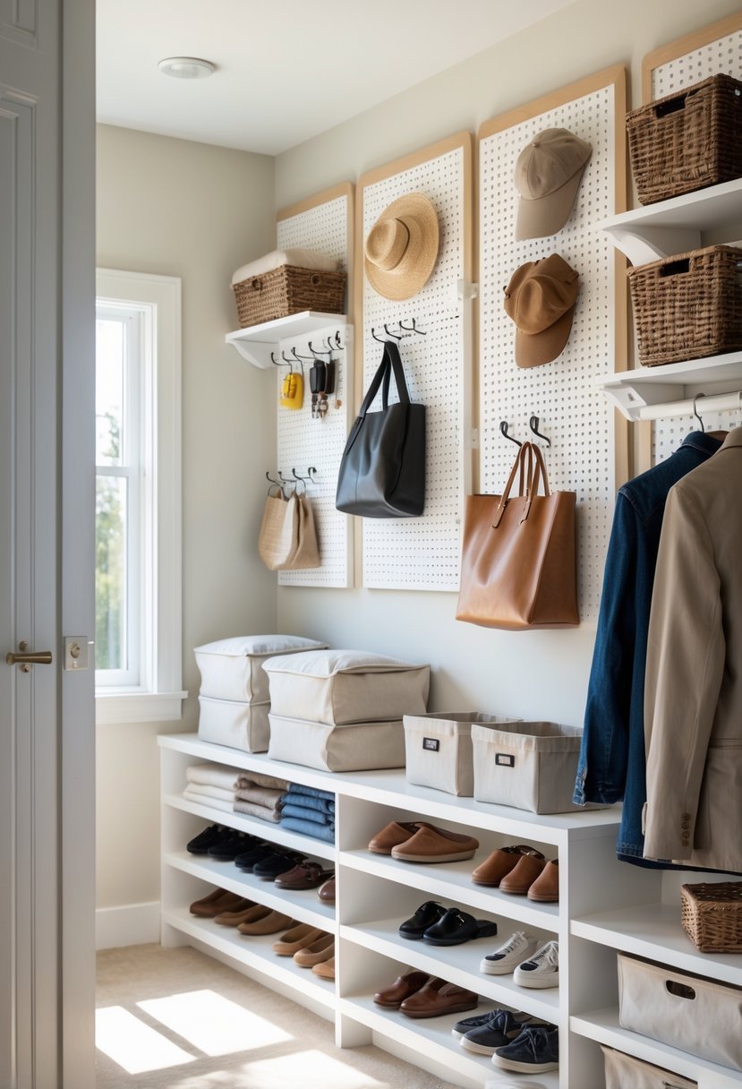 A hallway closet with pegboards on the walls holding bags, hats, and hooks, with shelves neatly organized with clothes and shoes.