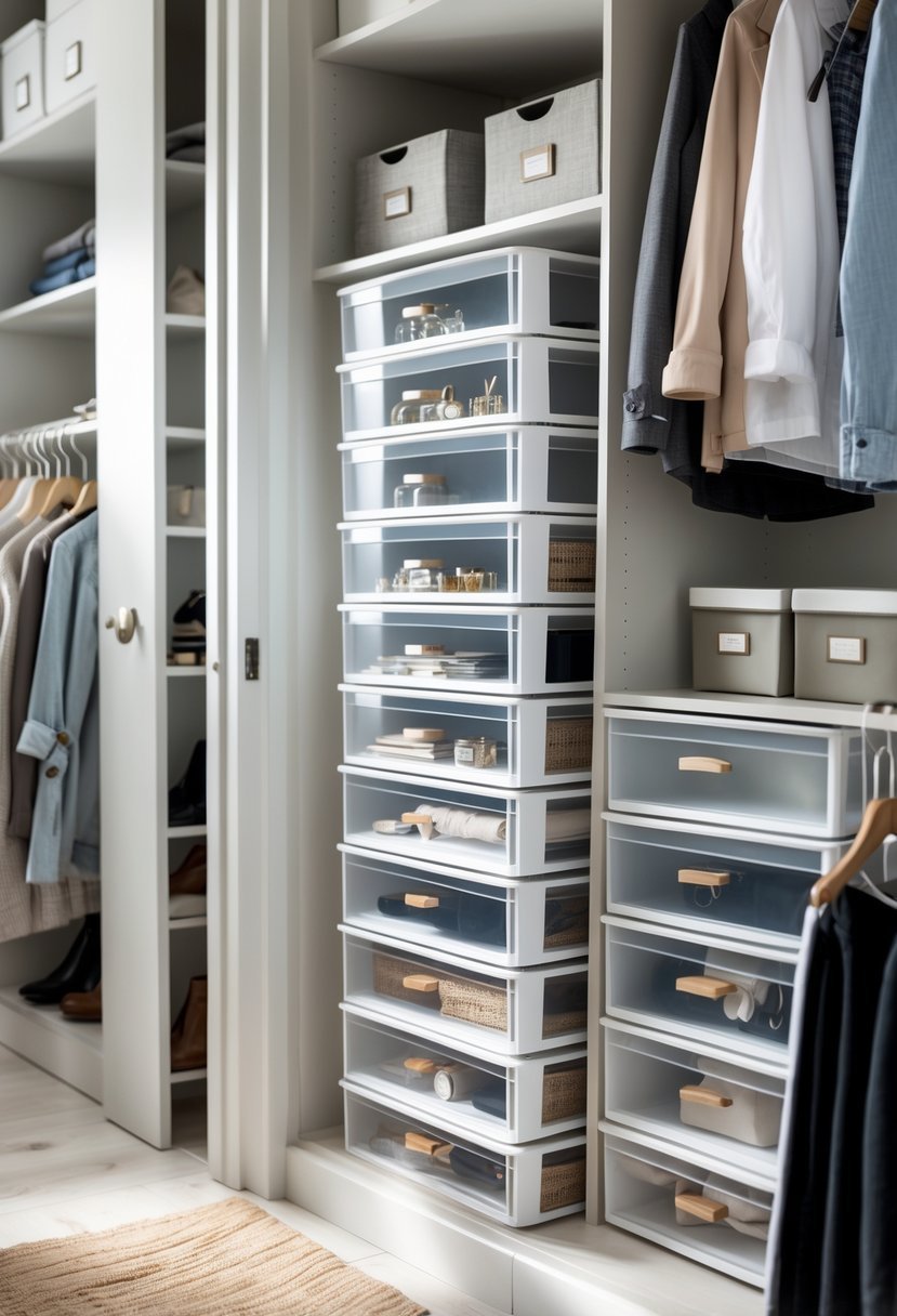 A hallway closet organized with stackable drawers storing small accessories and other storage solutions.