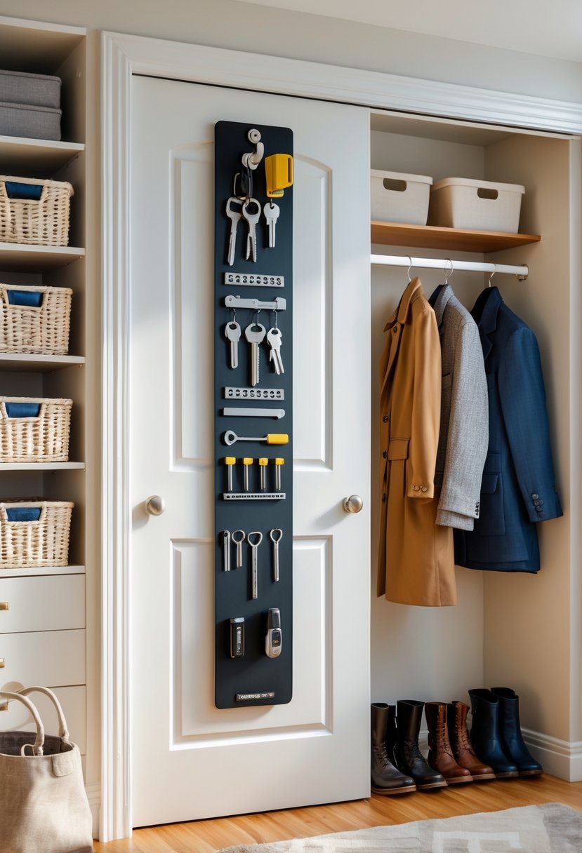 A hallway closet with a magnetic strip holding keys and metal tools, shelves with baskets, hanging coats, and shoes on the floor.