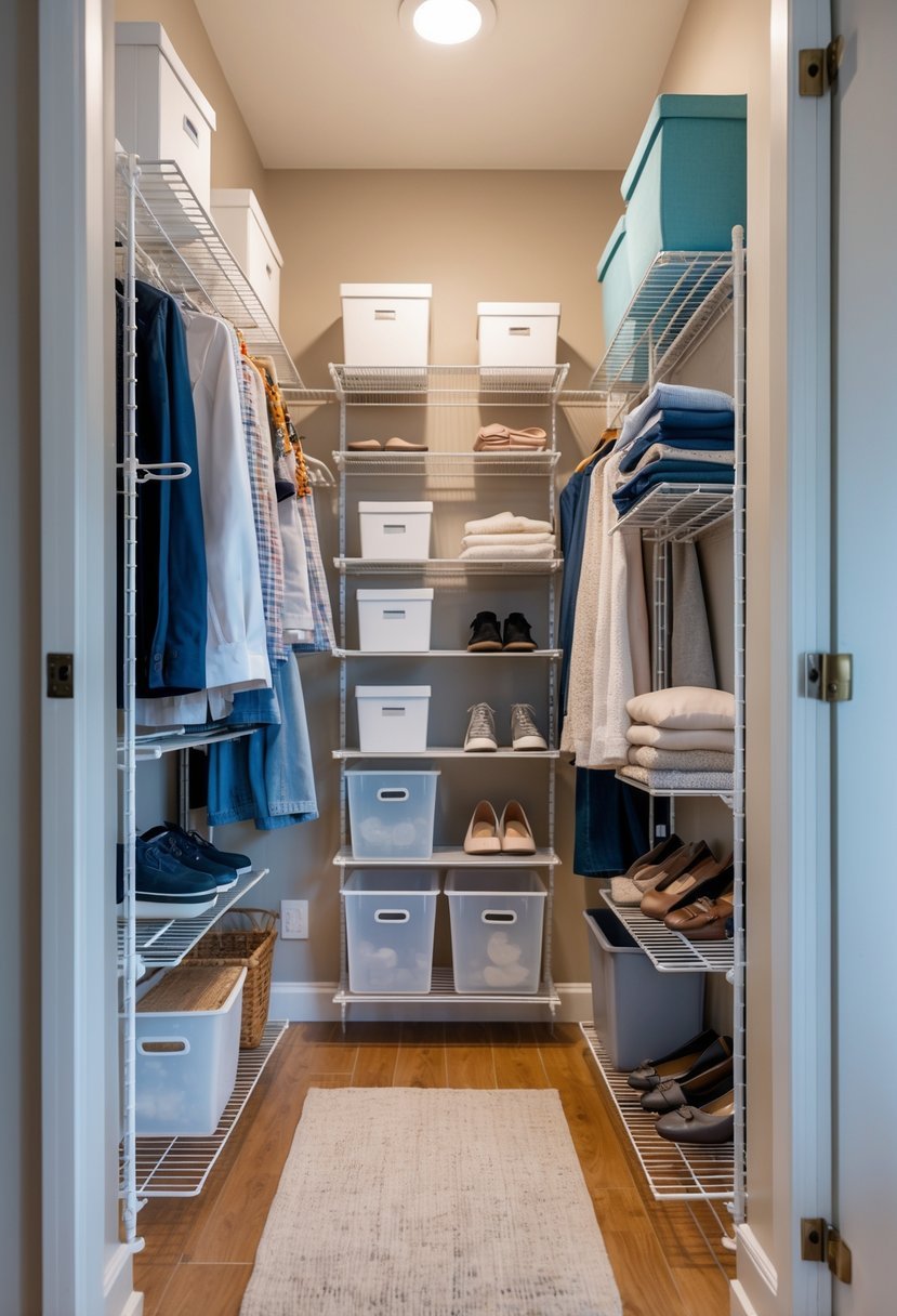 A neatly organized hall closet with multiple wire racks holding clothes, shoes, and storage bins.